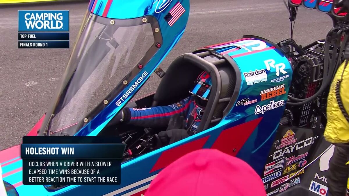 FOX broadcast frame of Tony Stewart's dragster with the Holeshot Win graphic