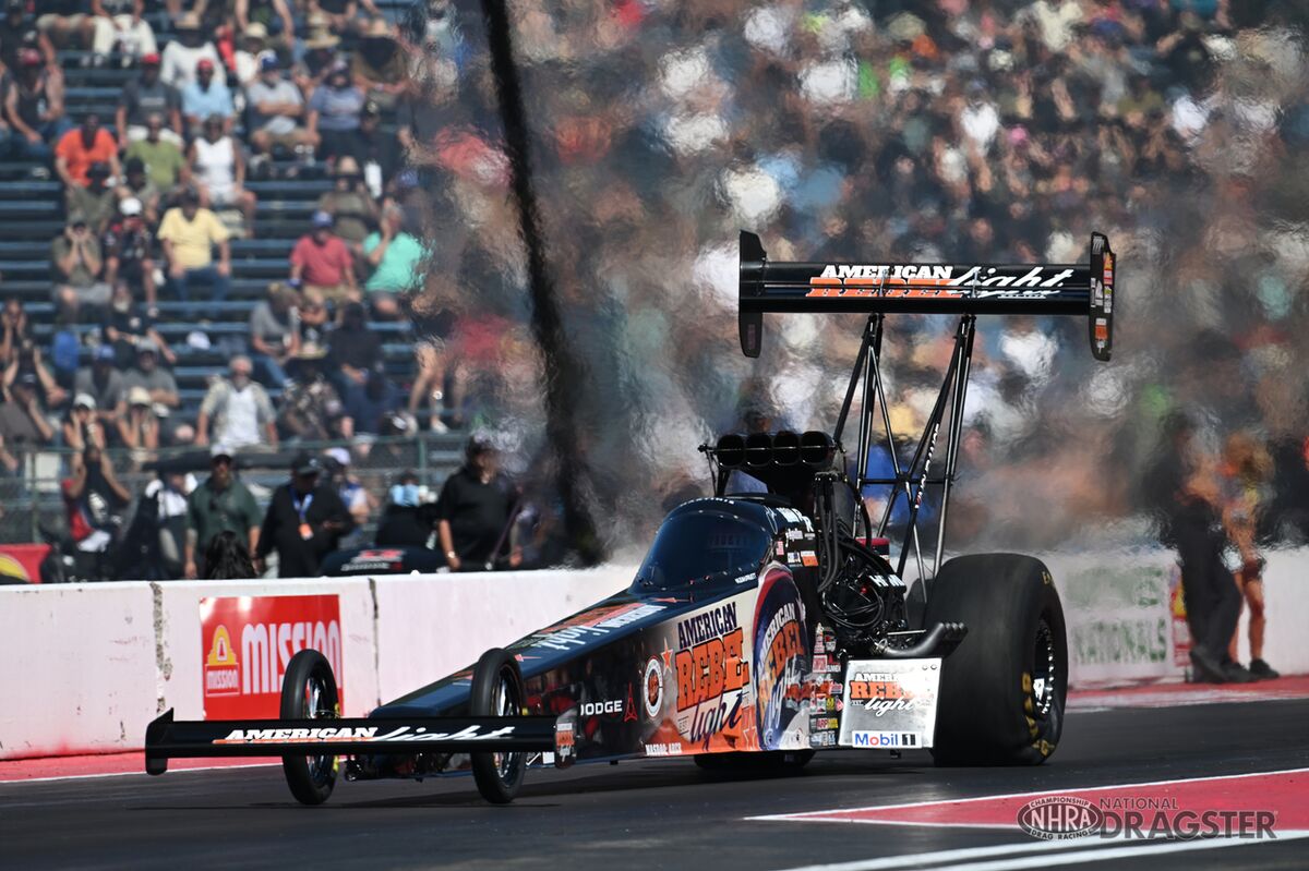 Leah Pruett's American Rebel Light Top Fuel dragster on track